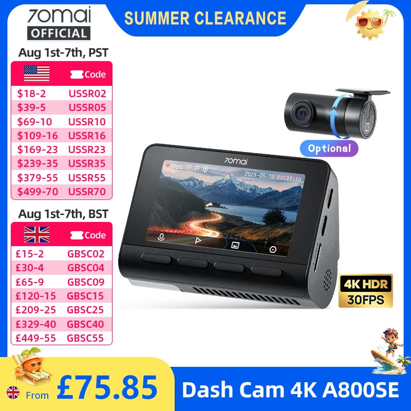 70mai 4K Dash Cam A800SE Upgraded Version of 70mai A800S Voice Control Supercapatior GPS ADAS Car DVR 70mai A800SE UHD Wifi 6 Car Mobile World