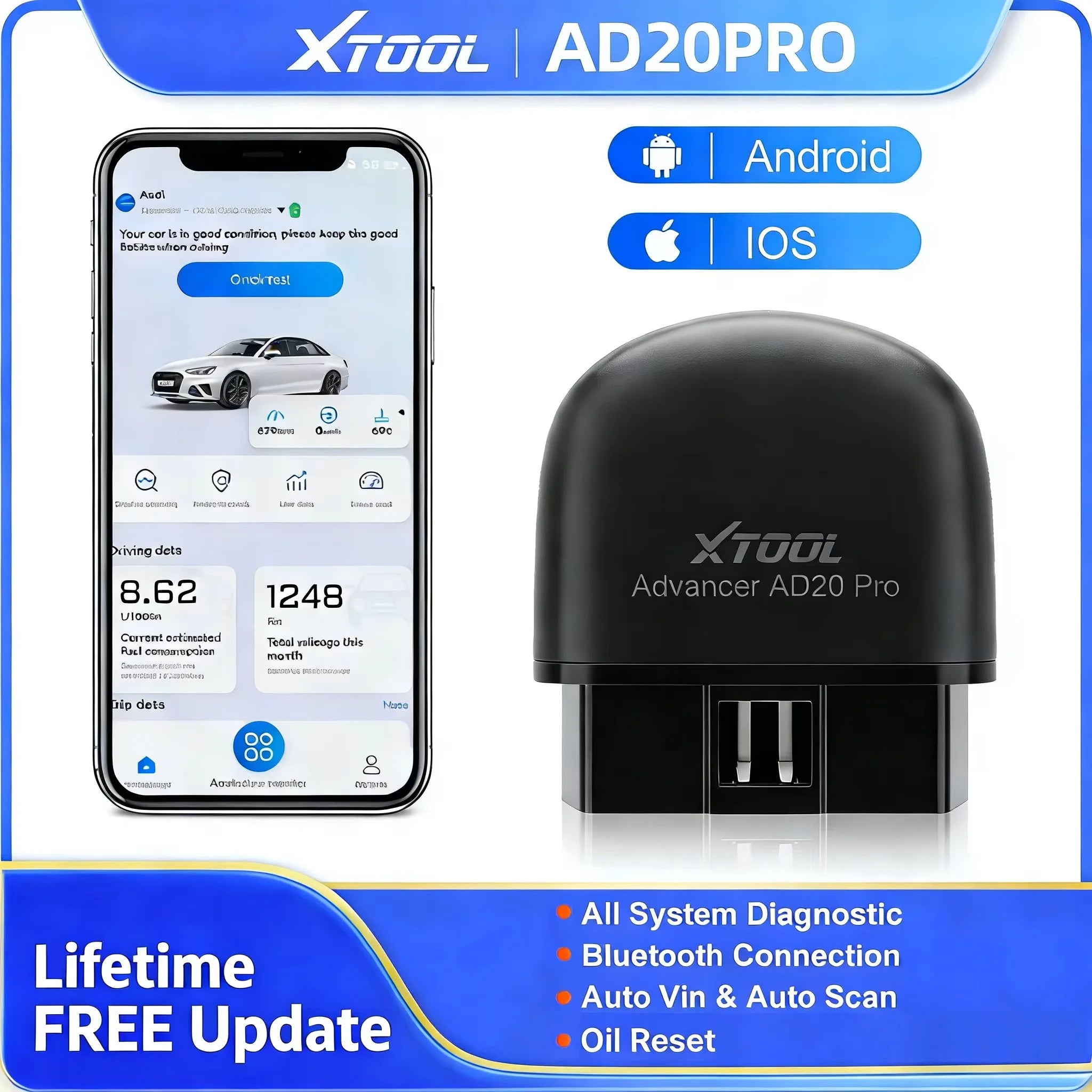 XTOOL Advancer AD20Pro All System Diagnostic Tool OBD2 Bluetooth Scanner Oil Reset Battery Test Driving Record Free Update CM World