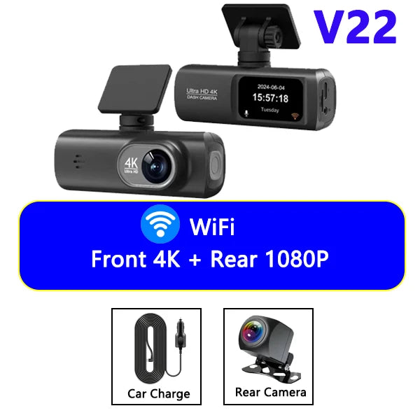 4K UHD Dash Cam Dual Lens Recording Car Camera DVR Night Vision Video Recorder Support GPS Wi-Fi Room Black Box Rear View Camera