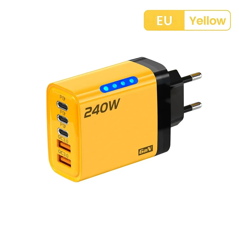 5 in 1 240W GaN Fast Charger With LED Light 2USB+3Type-C Multi Port Phone Charger for iPhone 16 15 pro Samsung Huawei Xiaomi 15 Car Mobile World