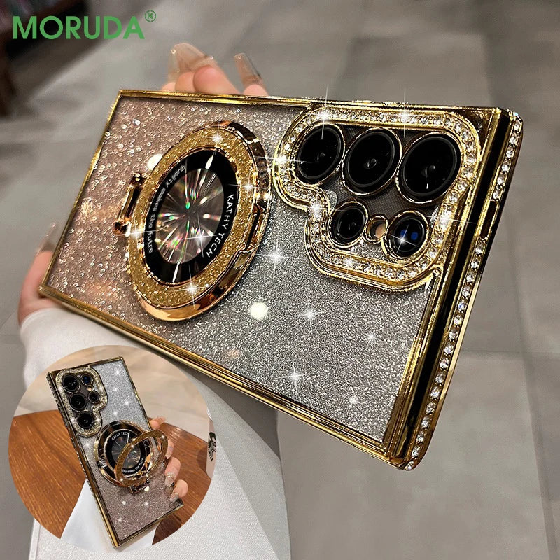 S26Ultra Glitter Bracket Case For Samsung Galaxy S25 S24 S23 S22 Ultra S26 Plus A55 A52S A15 Magnetic Diamond Shockproof Cover
