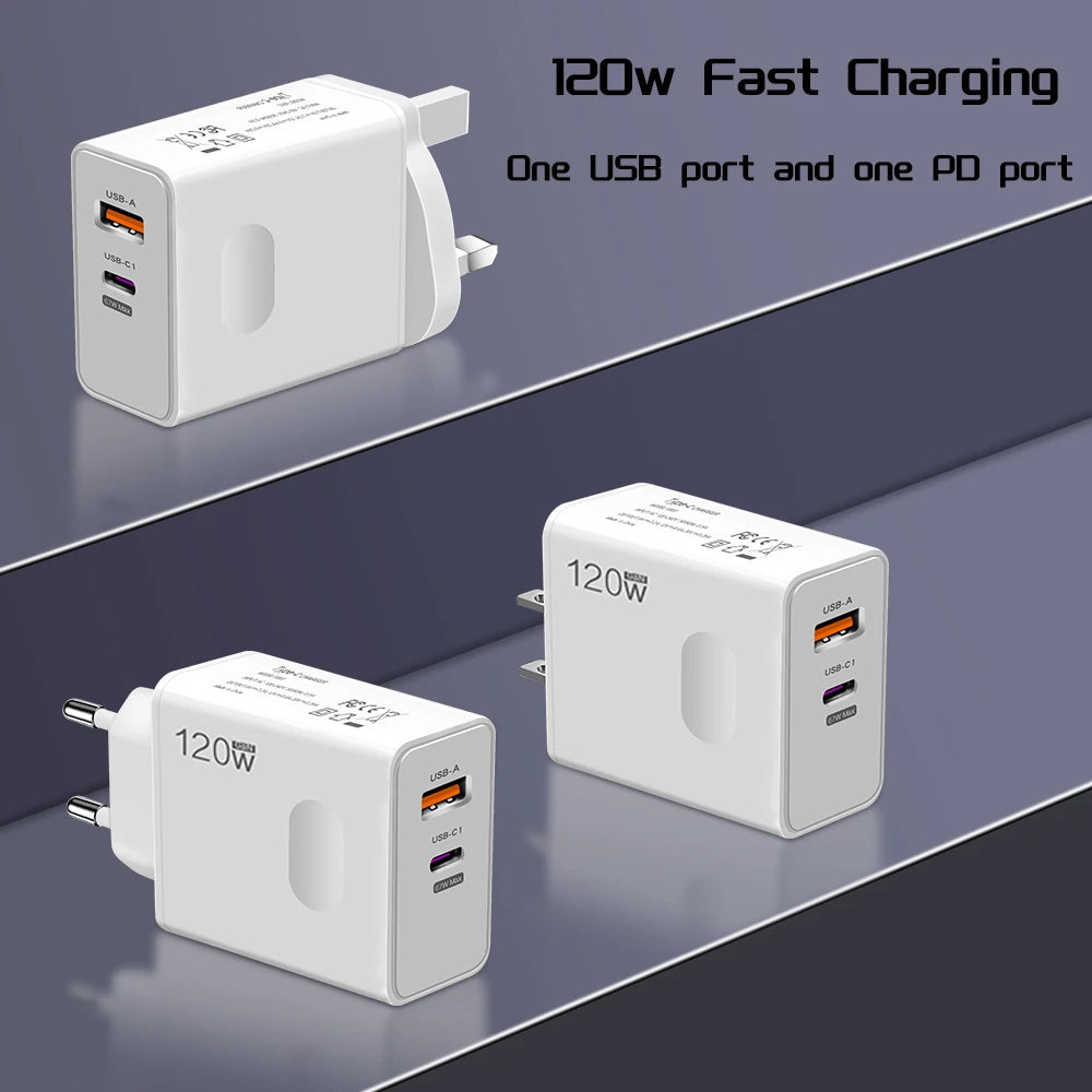 120W Fast Charger USB Type C PD Cable Fast Charging Quick Charge 3.0 Adapter For iPhone Xiaomi Samsung Oneplus Pixel Cellphones Car Mobile World