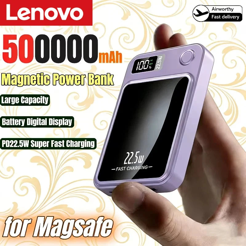 Lenovo Magnetic Wireless Power Bank 500000mAh PD22.5W Large Capacity Fast Charging External Battery For iPhone Huawei Samsung Car Mobile World
