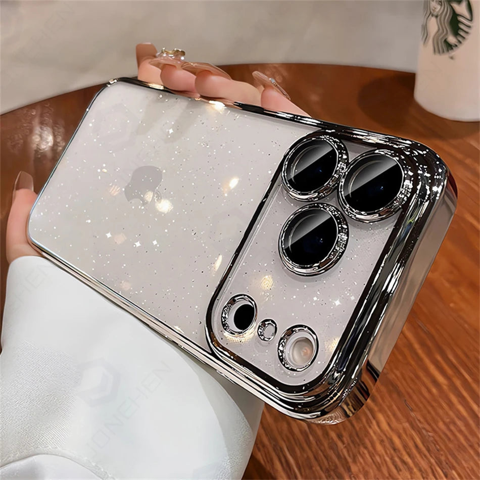 Luxury Transparent Glitter Clear Slim Case For iPhone 12 13 14 Plus 15 16 17 Pro Max Orange Pating Bumper Lens Glass Hard Cover Car Mobile World