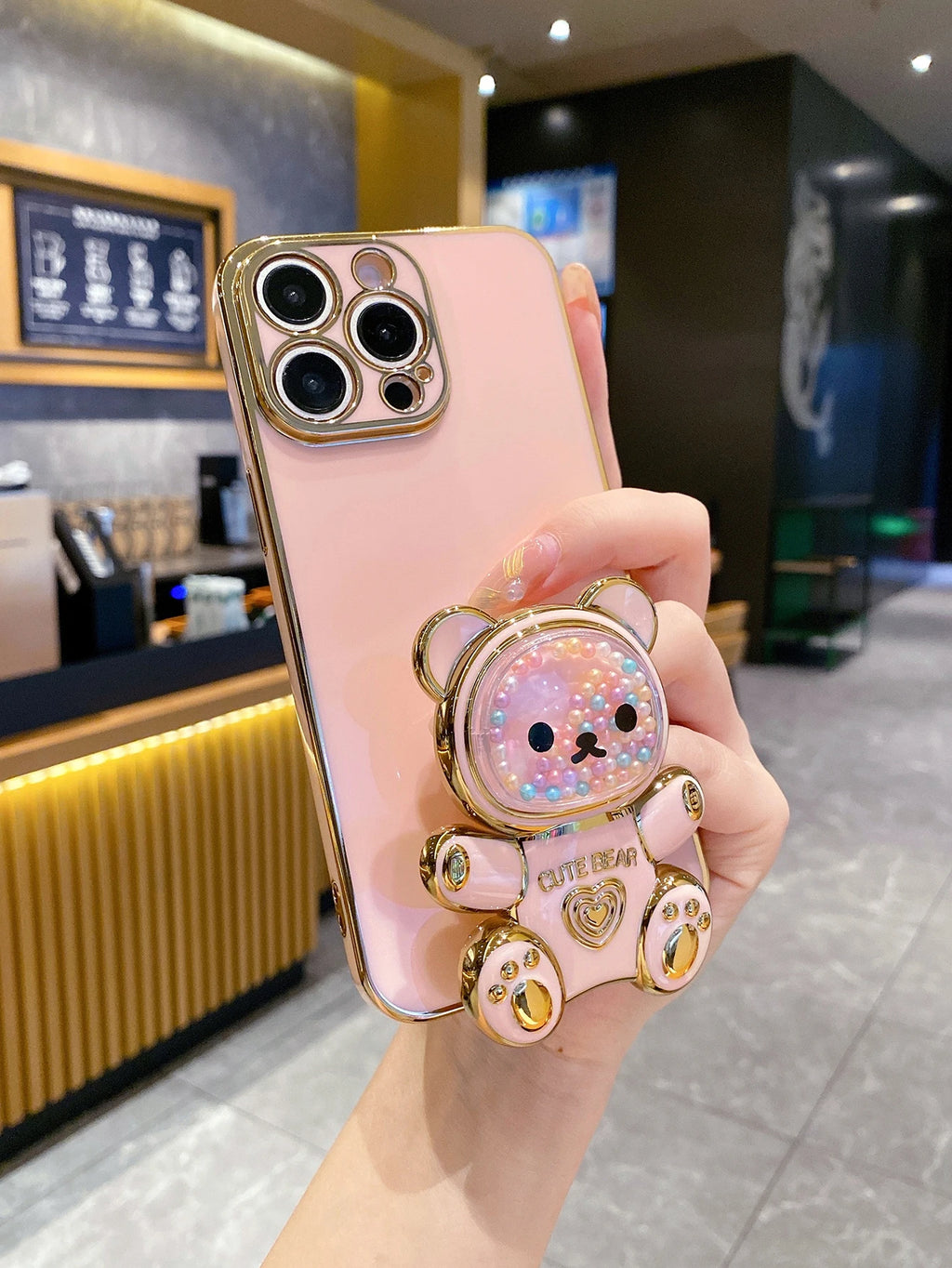 Luxury Plating Cute Pearl Bear Holder Phone Case For iPhone 17 16 15 14 Plus 13 12 Mini 11 Pro Max X XS XR 7 8 SE Back Cover