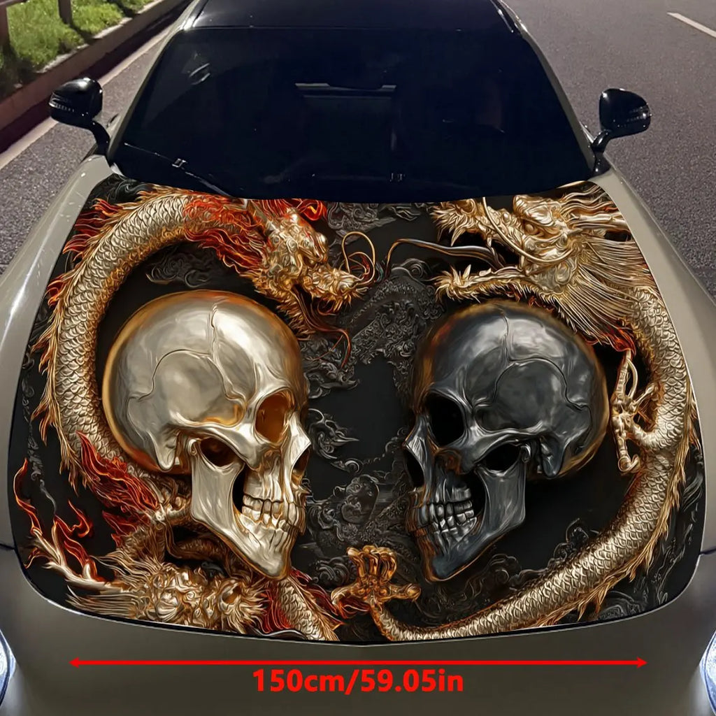 Twin Skull Dragon Charm Car Vinyl Wrap, PVC Material Waterproof Car Hood Sticker, Self-Adhesive Scratch-Resistant Stickers for E