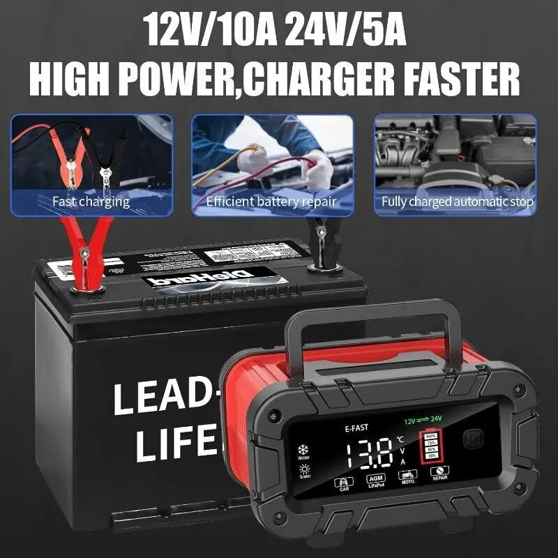 Portable 10A 12V/24V Car Battery Charger for Automotive Use with Smart Protection