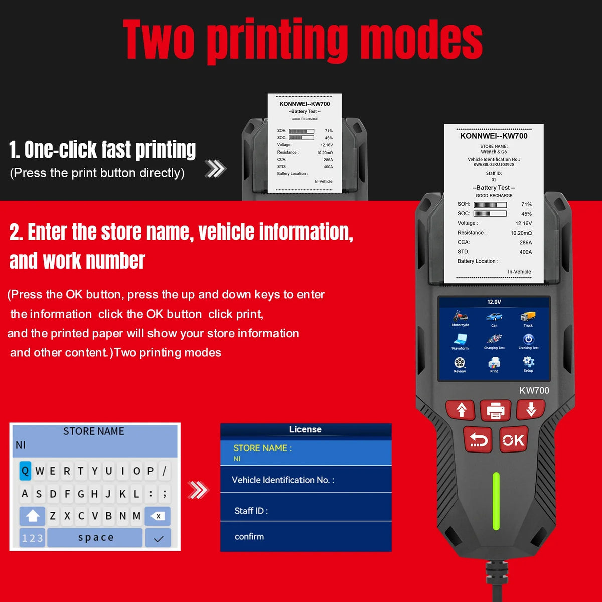 2026 KONNWEI KW700 12V 24V Car Battery Tester 10-2000CCA Battery Test SOH SOC Ripple Analysis Built-in Printer Car Battery Tool