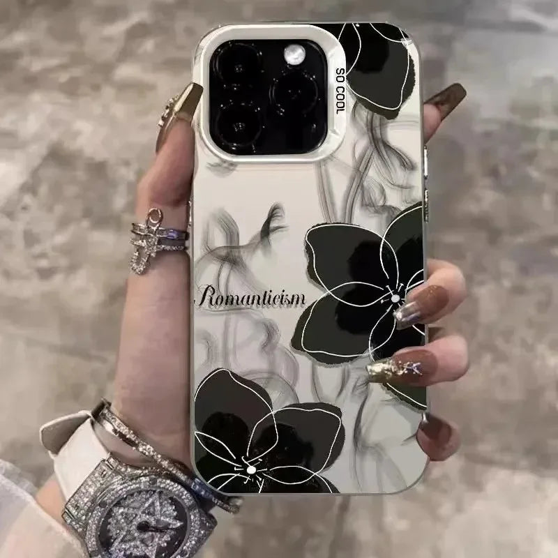Vintage black floral Phone Case For iPhone 11 13 12 Pro Max 16E 16 15 14 Plus Colorful Silver IMD Shock-proof Rear Phone Cover