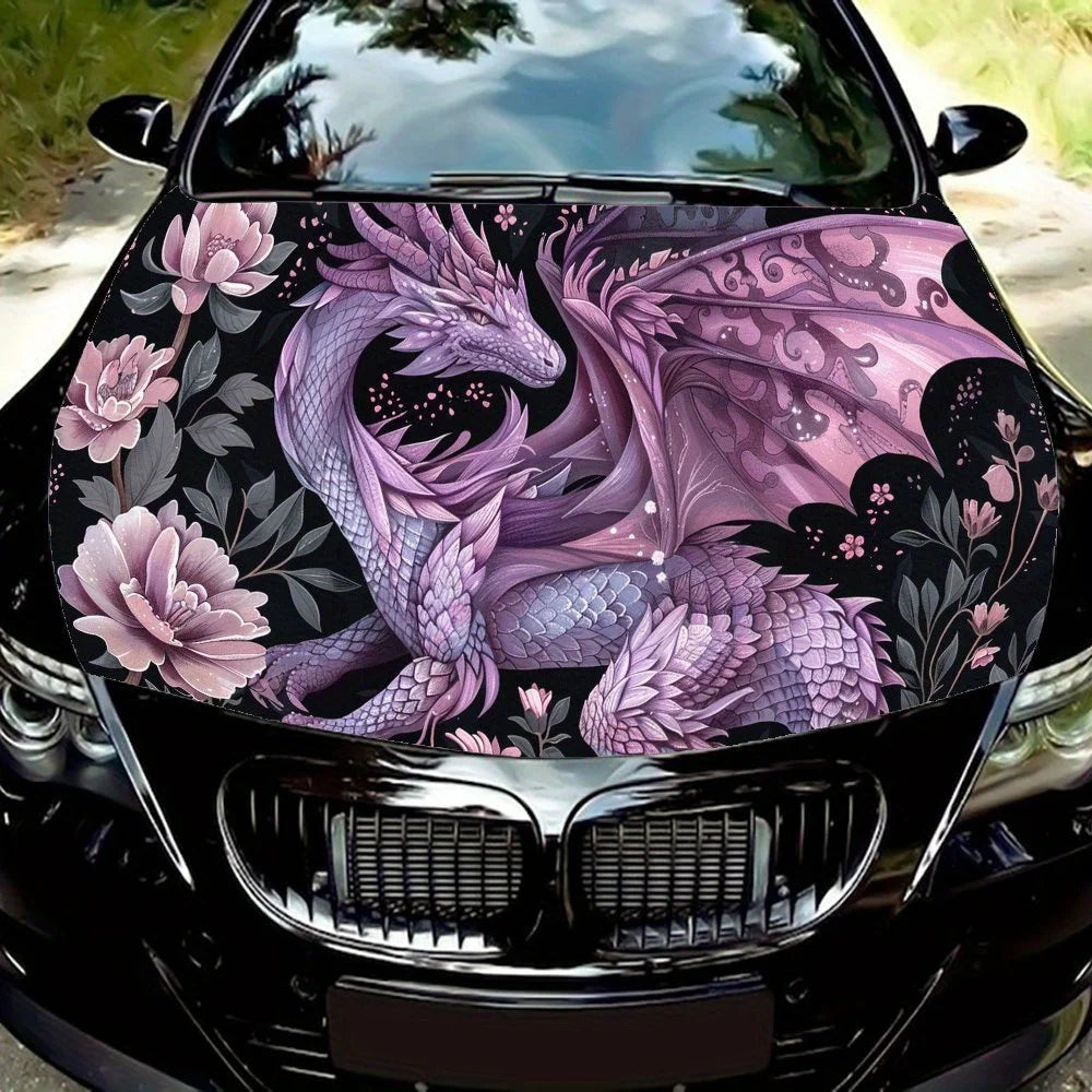 Romantic Purple Flower Dragon Car Hood Vinyl Wraps Sticker, PVC Waterproof Car Bonnet Decals, Self-Adhesive Scratch-Resistant St