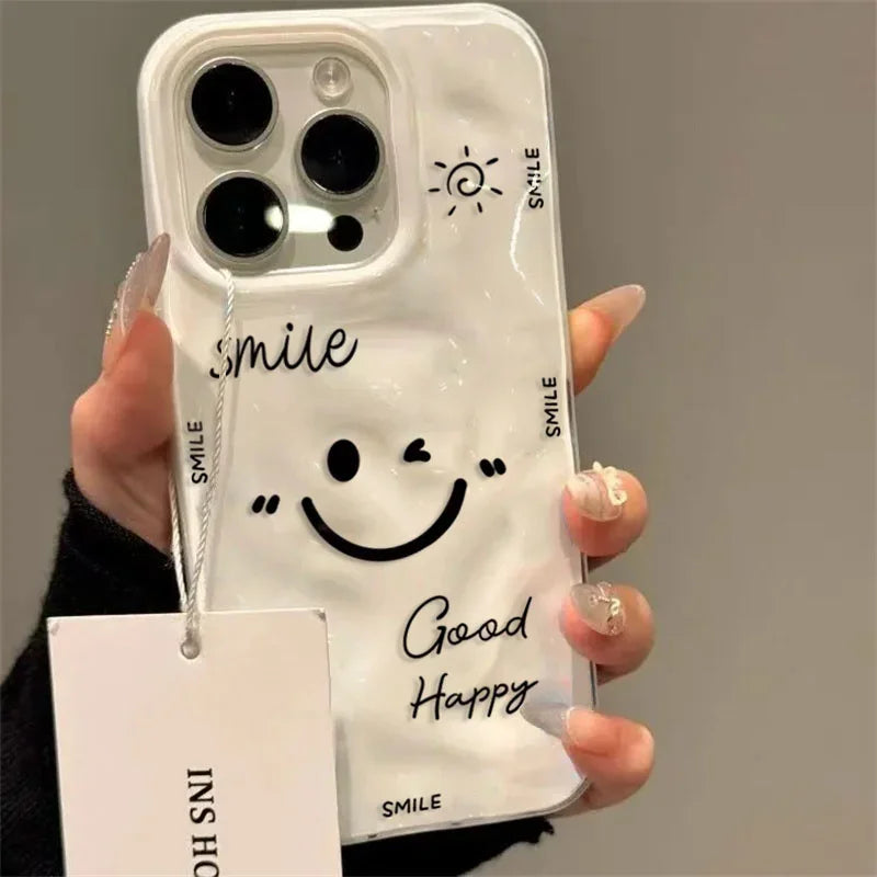 Funny Cartoon Smile Angry Face Phone Case For iPhone 17 16 15 14 13 12 11 Pro 17 15 Plus 17 Air Colorful Folds Texture TPU Cover