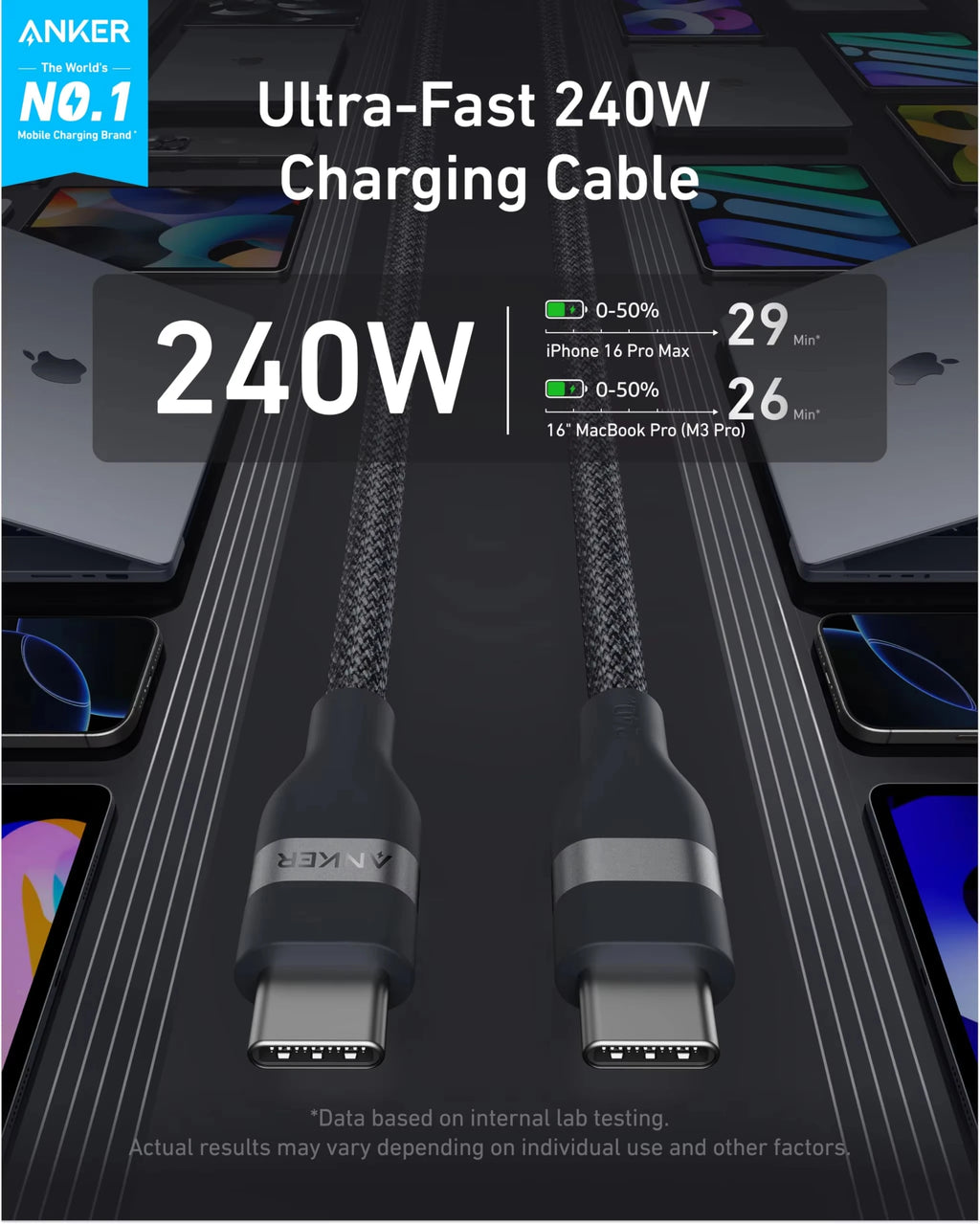 Anker 240W USB-C to USB-C Braided Charging Cable PD Fast Charging Cord Ultra Soft Wire For iPhone 15 16 Samsung MacBook Laptop