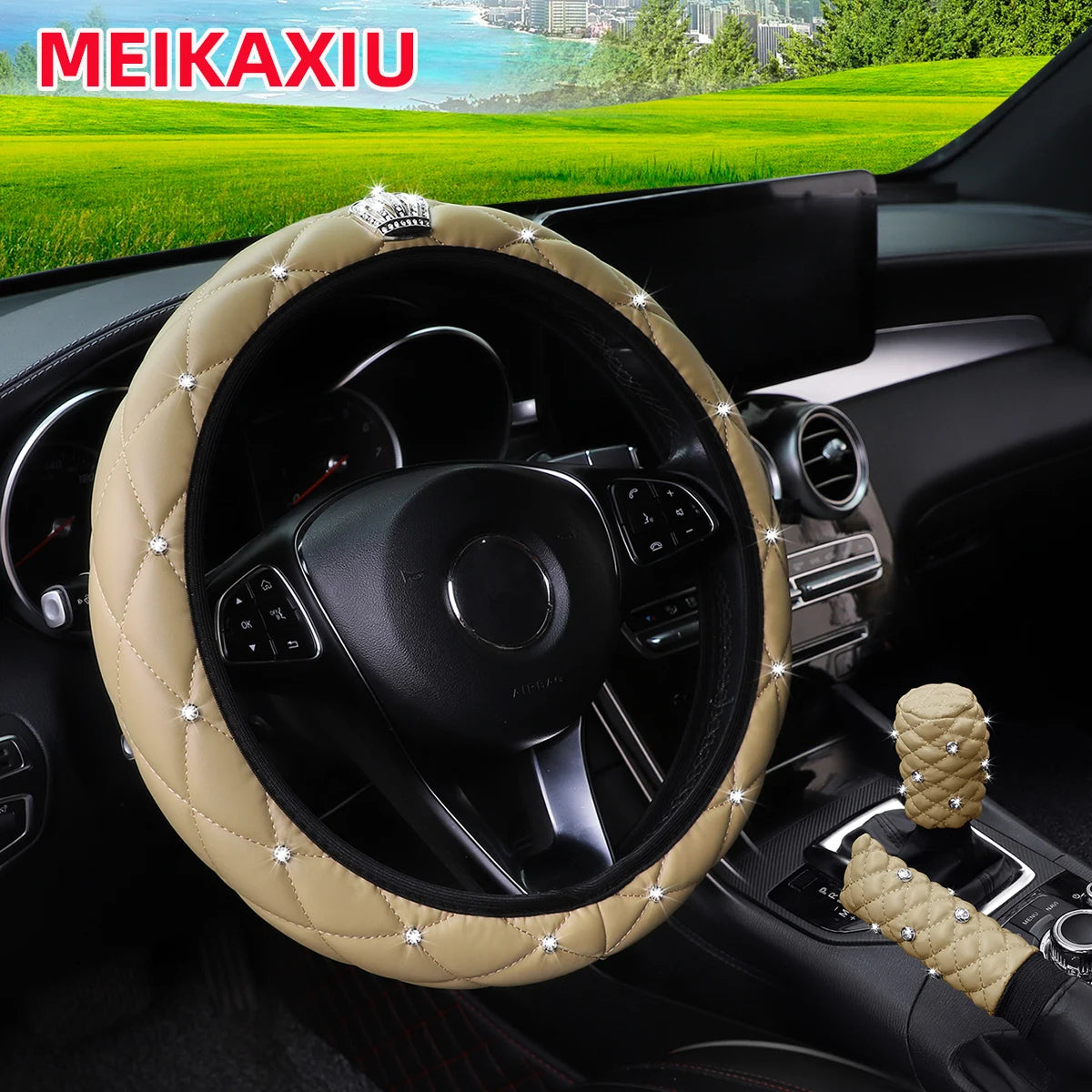 Soft leather crown diamond car without inner ring steering wheel cover, gear shift cover, handbrake cover, 3-piece set CM World