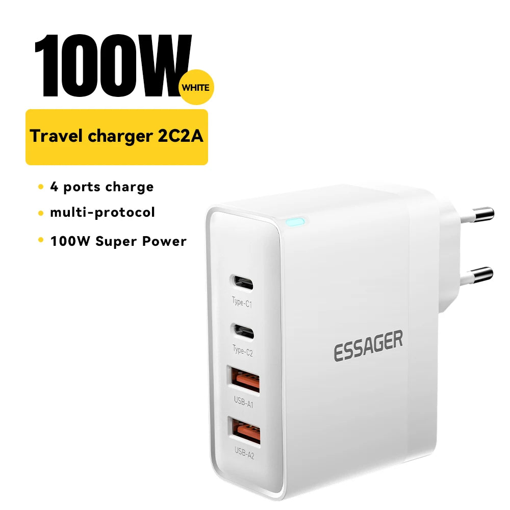 Essager 100W US/KR Plug USB Type C GaN Charger For Laptop Macbook PD Fast Charging For iPhone 16 15 14Pro Samsung Charge Adapter