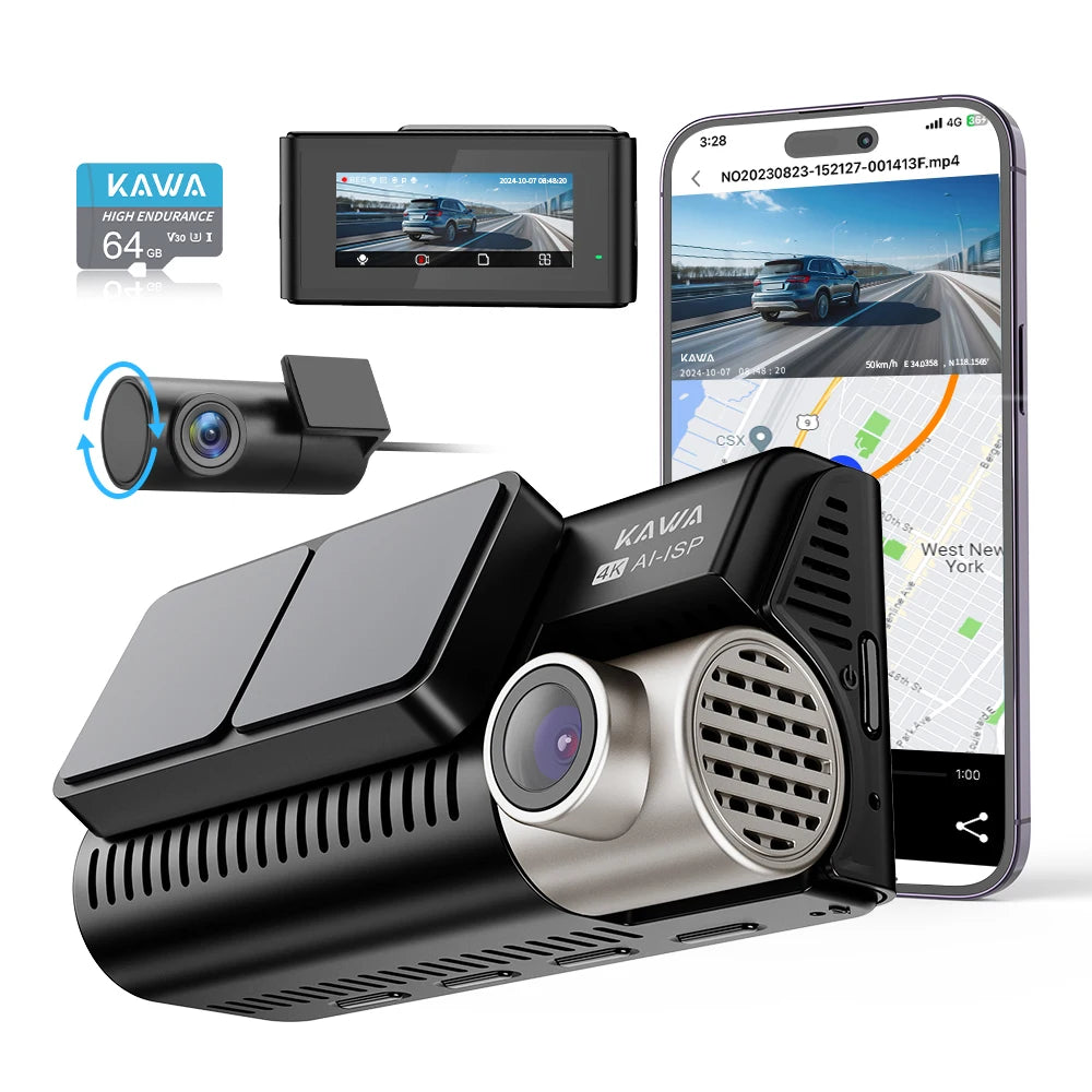 4K Dash Cam Front and Rear KAWA D11 WiFi Camera Car DVR GPS Video Recorder AI-ISP Color Night Vision Motion Detect Auto Dashcam Car Mobile World