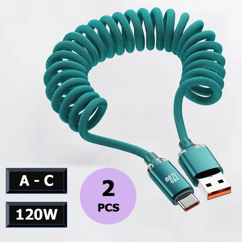 120W Car Spring Data Cable Retractable USB C To Type C Fast Charging Cable for iphone 15 16 Samsung Xiaomi USB Type C Cable