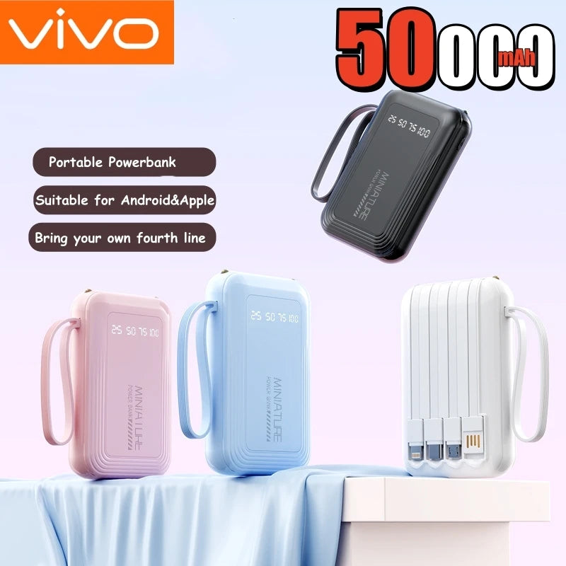 VIVO 500000mAh Mini Power Bank Super Fast Charging Built in 4 Cables Digital Display Powerbank for iPhone Samsung Huawei