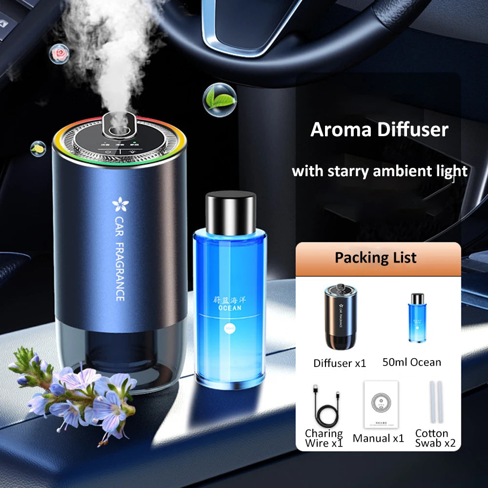 Car Aroma Diffuser with LED Starry Ambient Light 50ml Cologne Perfume Car Air Freshener Flavoring for Cars Fragrance Diffusers CM World