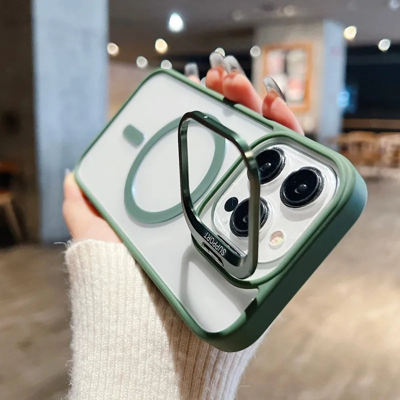 For Magsafe Stand Glass Lens Protector Case For iPhone17 16 15 14 13 11 12 Pro Max 16 Plus Luxury Magnetic Shockproof Back Cover Car Mobile World