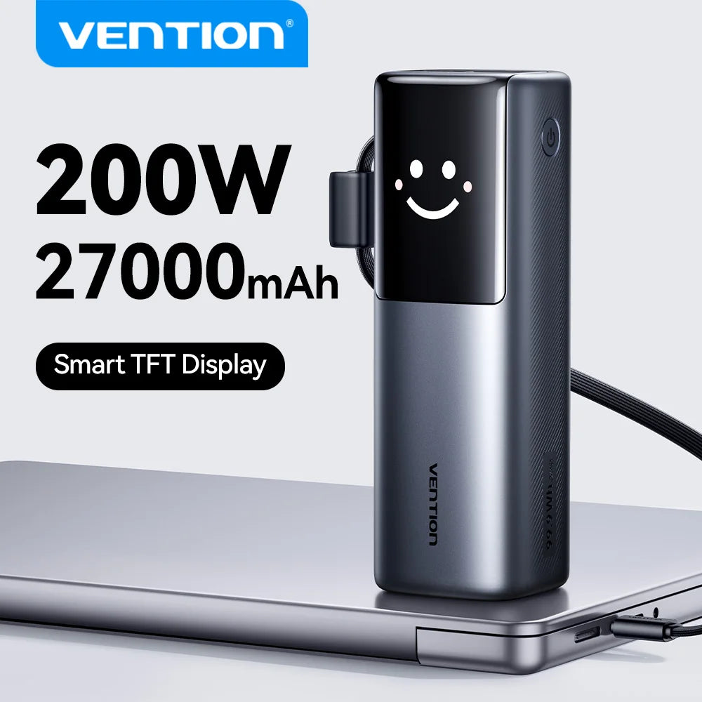 Vention 27000mAh Power Bank 200W PD Fast Charger for MacBook Laptop Portable Powerbank External Battery for iPhone 17 Samsung 26 Car Mobile World