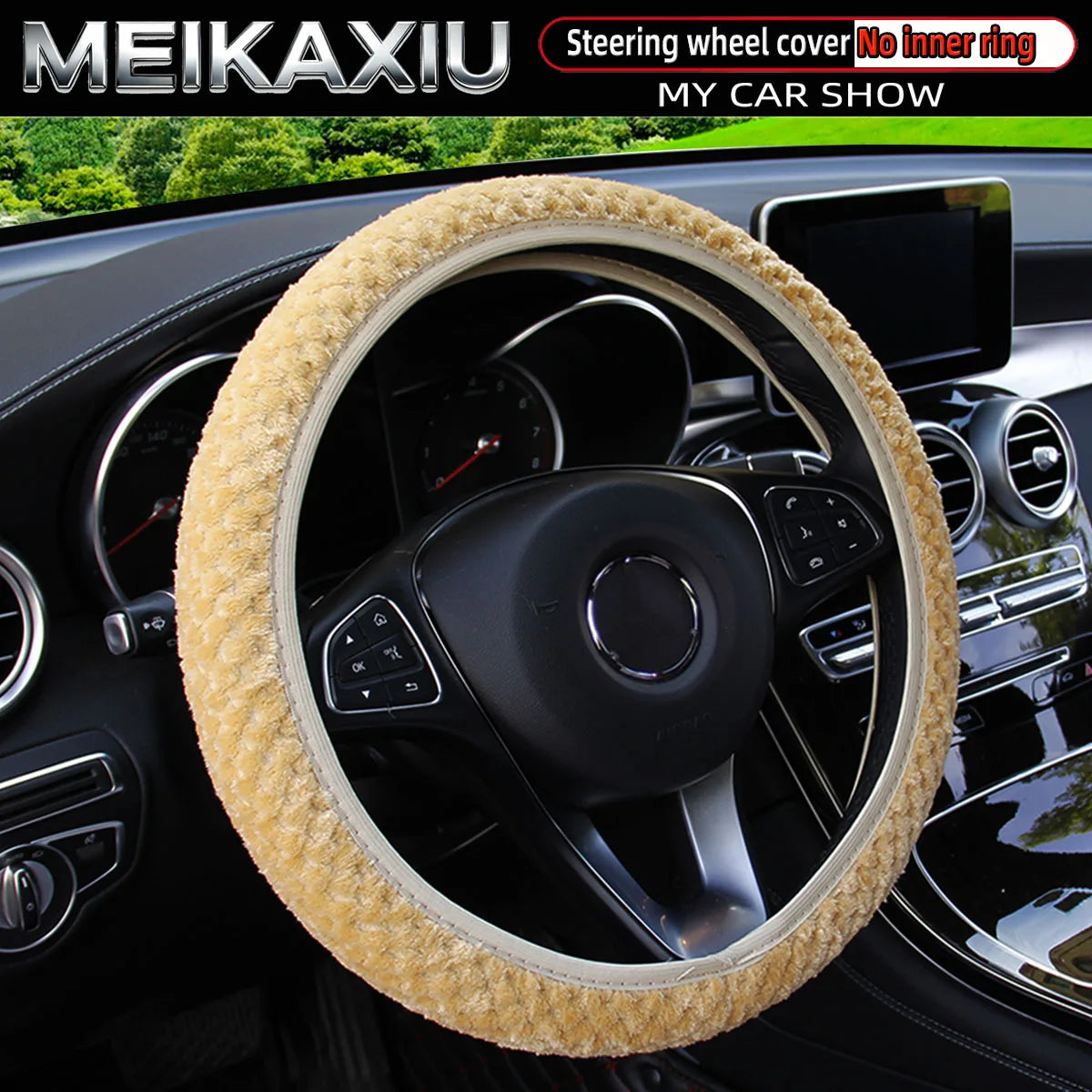 Women's Winter Plush Steering Wheel Cover Soft Elastic Short Fur Hand-Warming Car Accessory without Inner Ring