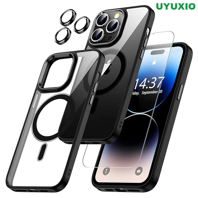 Clear Black Magnetic Case for iPhone 17 16 15 14 Pro Max Plus 13 12 Mini 11 with Screen Protector Lens Protector Mobile Cases Car Mobile World