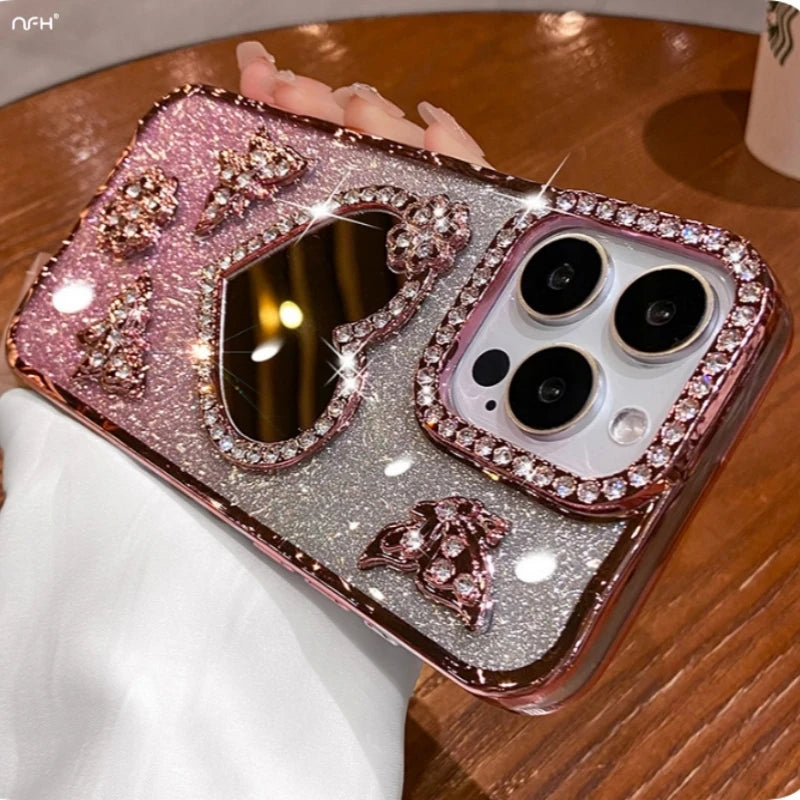 For iPhone 16 Pro Max Luxury Flash Glitter Butterfly Love Mirror Plating Frame Phone Case For iPhone 13 14 15 Plus 17 Air Cover