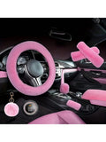 8 Pieces Set Combination Pink Goddess Plush Car Steering Wheel Cover Rex Rabbit Fur Fluffy Steering Wheel Cover