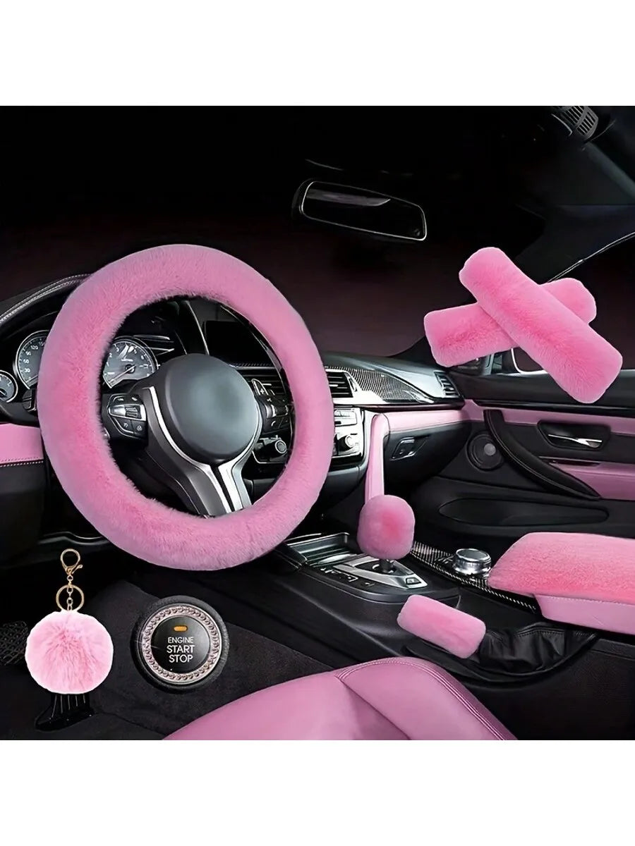 8 Pieces Set Combination Pink Goddess Plush Car Steering Wheel Cover Rex Rabbit Fur Fluffy Steering Wheel Cover