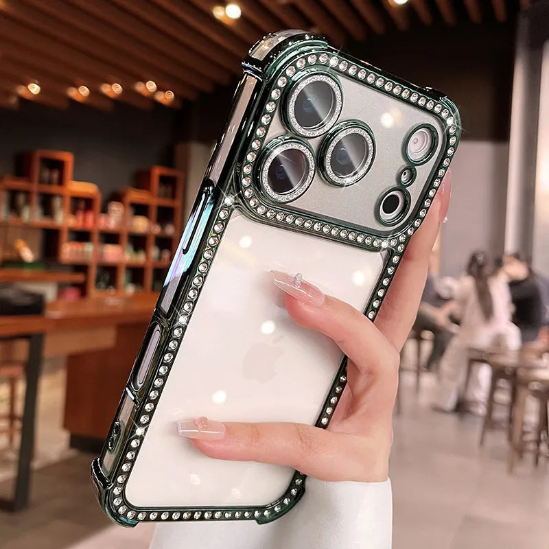 Luxury Bling Diamond Bumper Camera Protection Case For iPhone 17 16 15 14 13 Pro Max Airbag Anti-knock Transparent Soft Cover