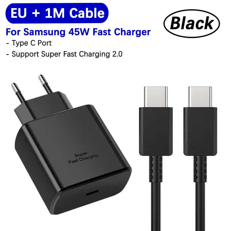 Samsung 45w Super Fast Charger PD Adapter EU US Type C Cargador For Galaxy S26 S25 FE S24 Ultra S23 Plus A55 A56 M55 Tab S11 S10 Car Mobile World