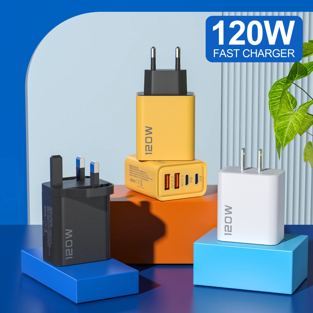 4 Ports 120W Charger USB C PD Quick Charge 3.0 Type C USB Phone Chargers Fast Charging Adapter For iPhone Samsung Xiaomi Huawei Car Mobile World