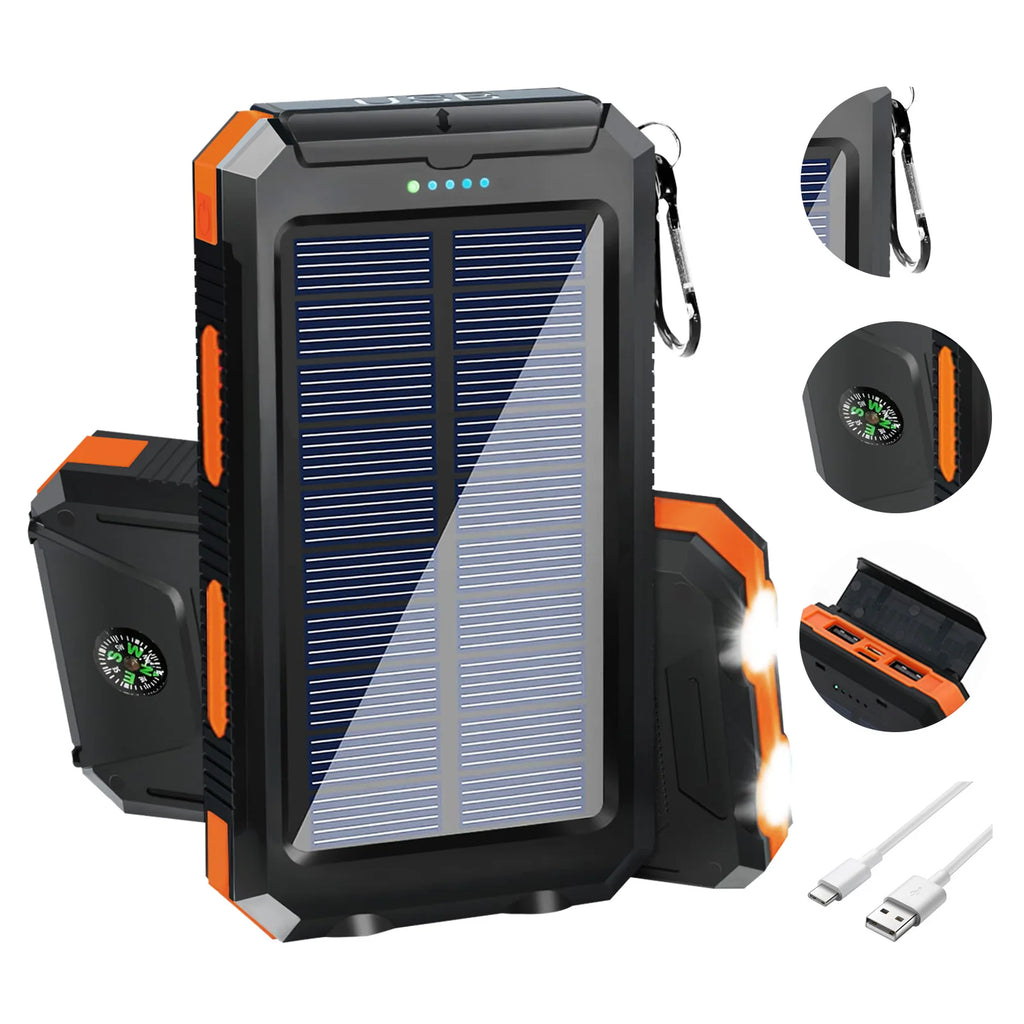 20000mAh Solar Power Bank Portable Solar Charger Waterproof Dual 5V USB Ports 2 LED Light Flashlight For Cell IPhone Outdoor Car Mobile World
