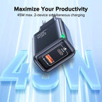 QOOVI GaN 45W USB Charger Fast Charging USB Type C Wall Charger PD QC3.0 Quick Charge For iPhone Samsung S23 S21 Laptop Tablet Car Mobile World