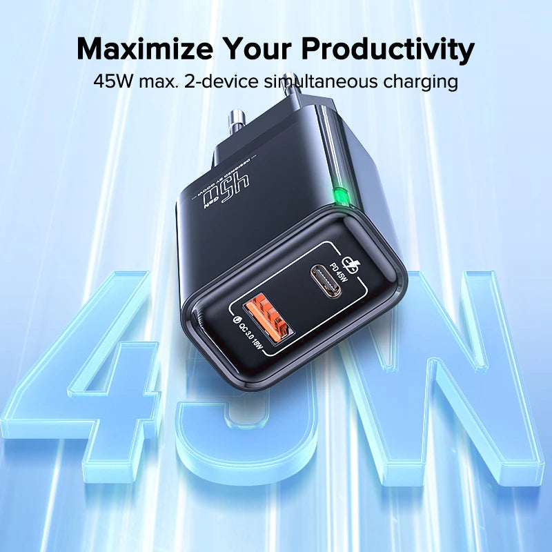 QOOVI GaN 45W USB Charger Fast Charging USB Type C Wall Charger PD QC3.0 Quick Charge For iPhone Samsung S23 S21 Laptop Tablet Car Mobile World