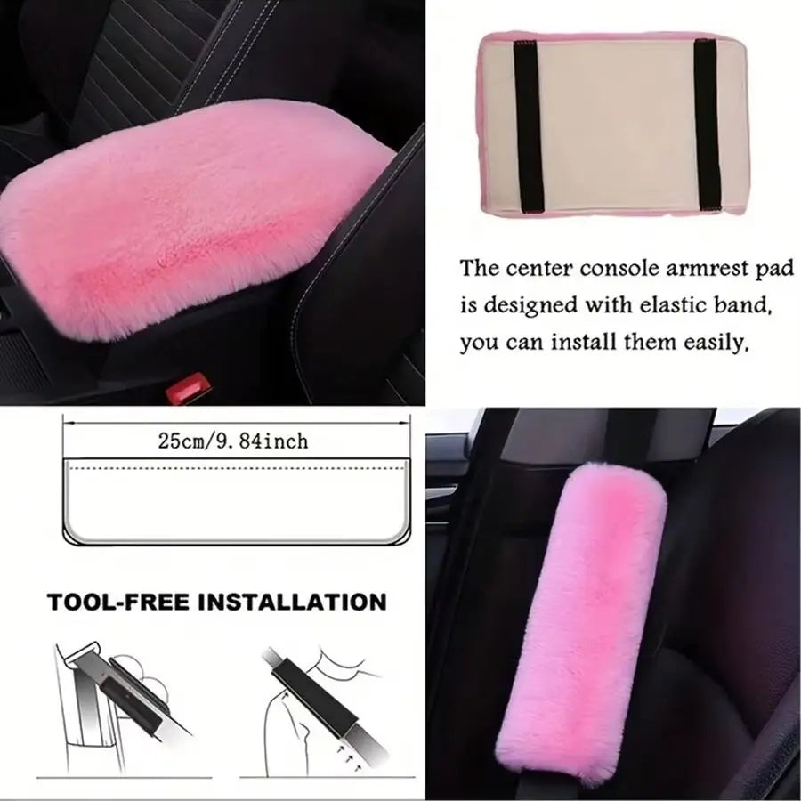 8 Pieces Set Combination Pink Goddess Plush Car Steering Wheel Cover Rex Rabbit Fur Fluffy Steering Wheel Cover