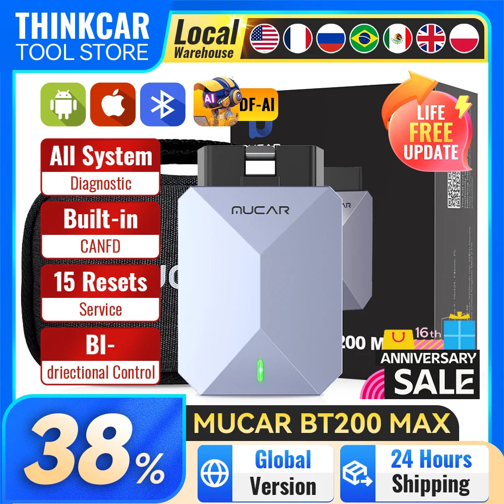 MUCAR BT200 MAX AI Diagnostic Tools CANFD ELM327 Prototol Full System OBD2 Scanner 15 Resets Lifetime Free Update VS BT200 PRO Car Mobile World