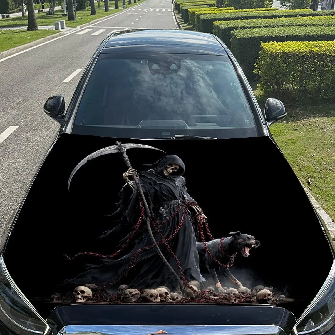 Grim Reaper, Chains and Black Dog Car Vinyl Wrap, PVC Material Waterproof Car Hood Sticker, Self-Adhesive Scratch-Resistant Stic