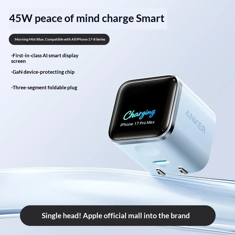 Anker 45w Gan Fast Charger With Digital Display High-Speed Power Adapter Supporting Quick Charging For Multiple Devices