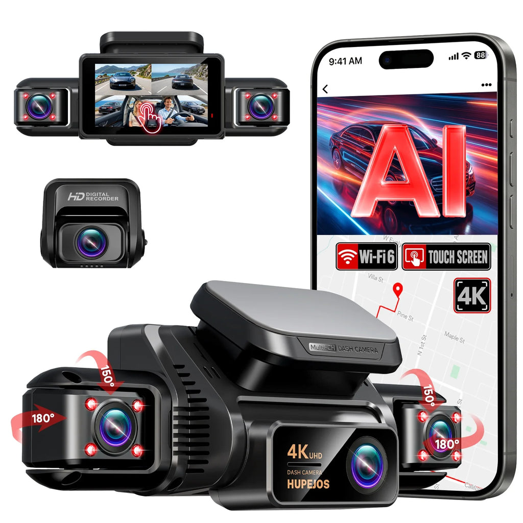 HUPEJOS V9 4CH 360° 4K Dash Cam, AI DMS Monitor, WiFi & GPS, Night Vision, Touch Screen & Voice Control, 24/7 Parking Mode