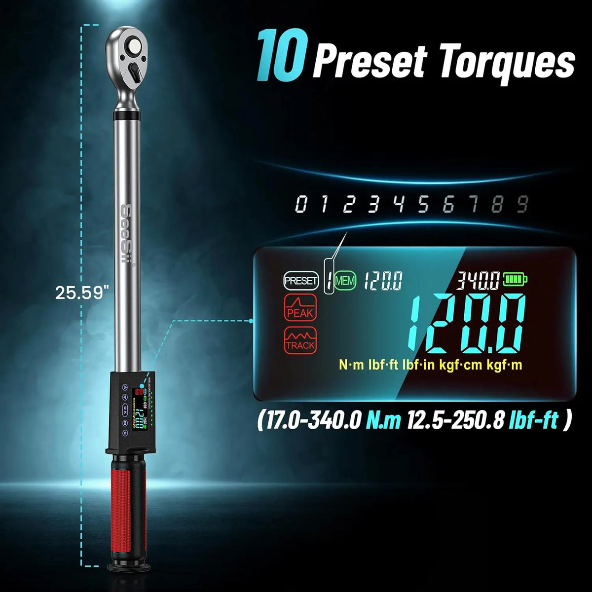 Seesii Digital Torque Wrench 1/2" Drive 340N.m 2% Torque Accuracy Electric Torque Wrench with 3 Adjustable Modes for Car Care