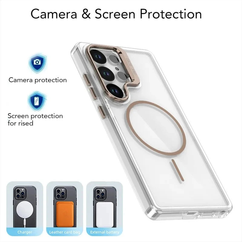 Luxury Clear For Magsafe Magnetic Lens Stand Holder Case For Samsung S26 S25 Ultra S24 S23 Plus A57 A37 A56 A17 A36 A55 Cover