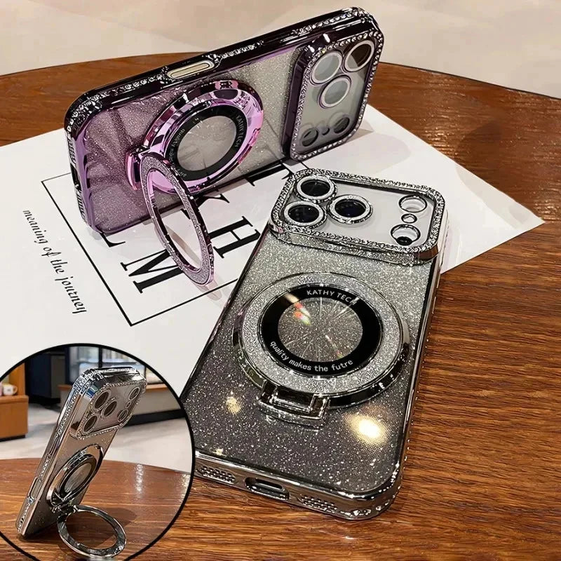Transparent Diamond Glitter Magnetic Phone Case with Coating，Applicable iPhone 18 17 16 15 14 Pro Max Lens Protection Bracket Ba