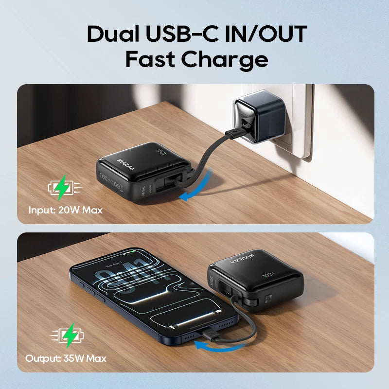 KUULAA 35W Mini Power Bank 10000mAh Built-In USB-C Cable Pocket-Sized Smaller Fast Charging Portable For iPhone 17 Samsung S25 Car Mobile World