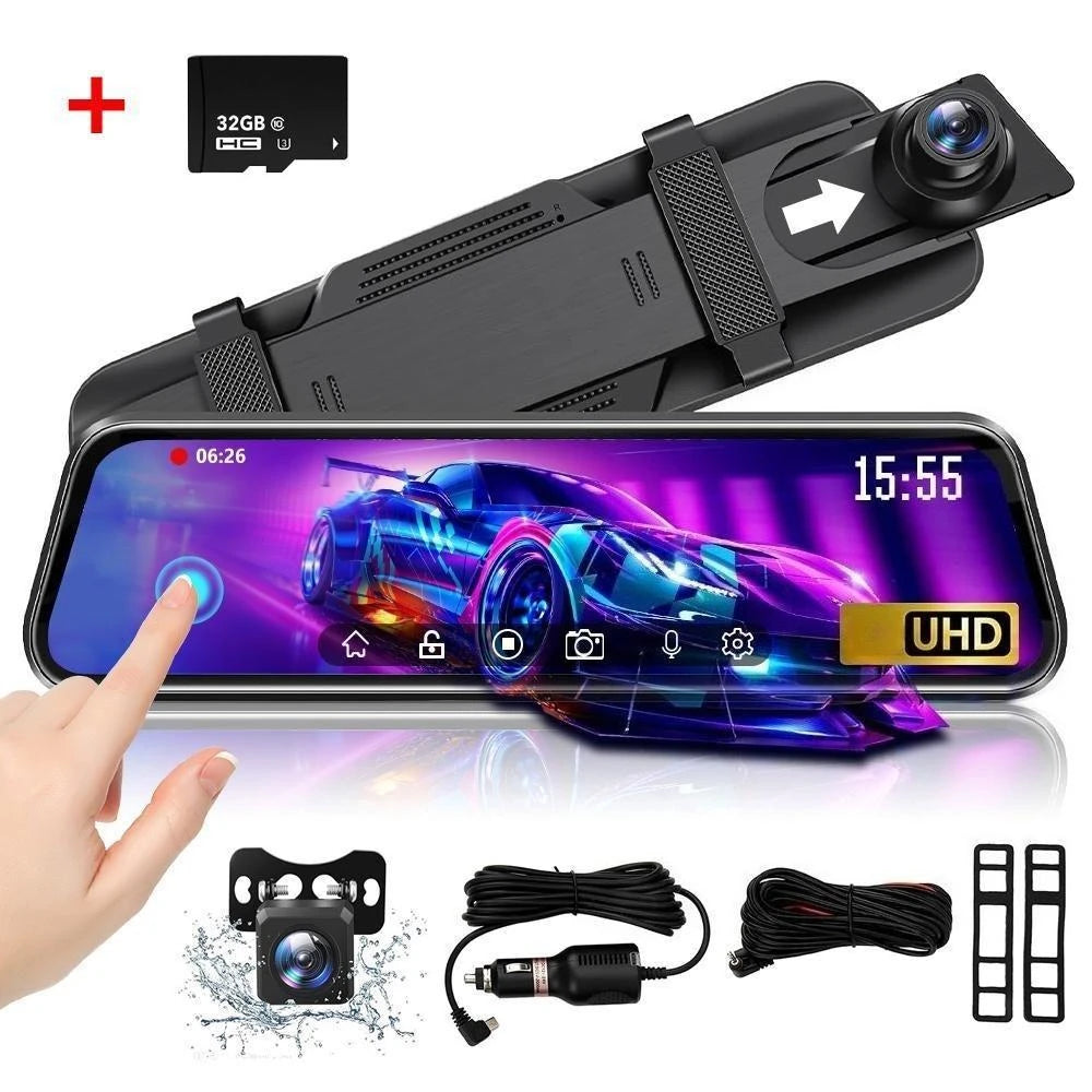 Touch Screen 1080P HD Automotive Driving Recorder Front & Rear Dashcam with Interior Car Camera, Photo Mode, AVI Video Format, Car Electronics Accessory