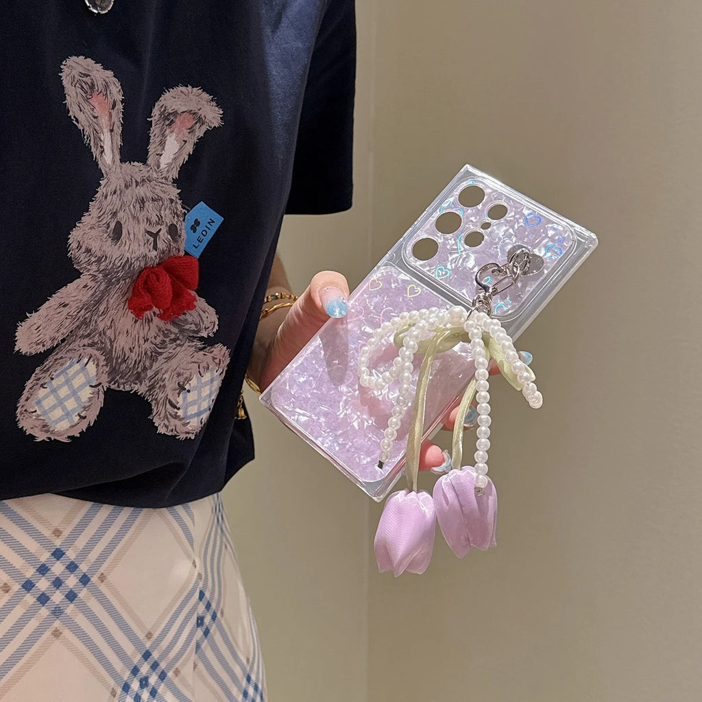 Tulip Flower Pendant Chain Glitter Bling Laser Heart Phone Case For Samung Galaxy A07 A17 A27 A37 A57 A06 A16 A26 A36 A56 Cover