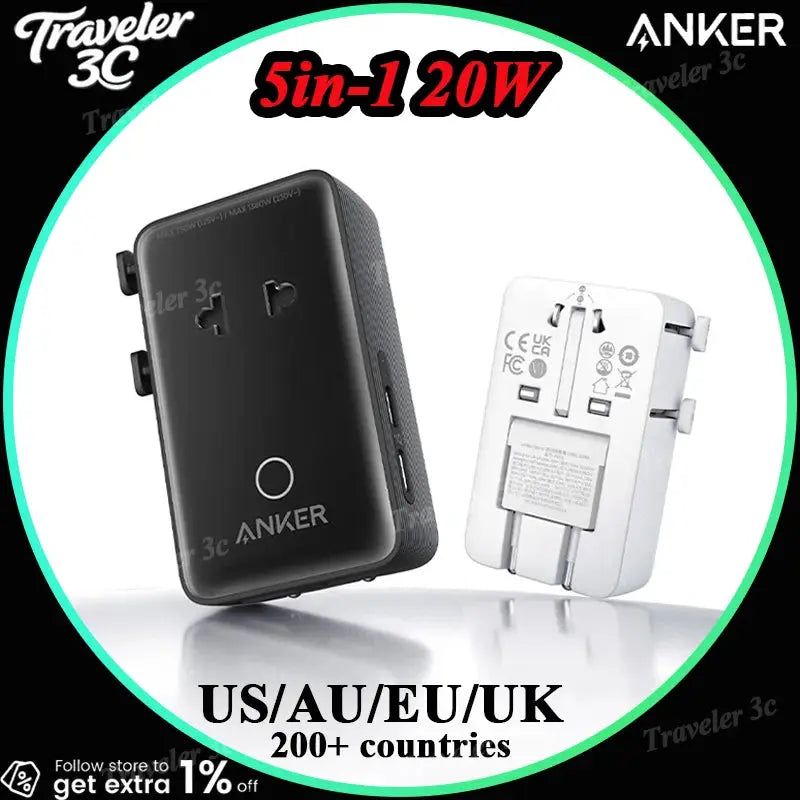ANKER A9215 Multi-Country Charger Adapter Multi-Function Power Adapter Portable Mobile Phone US/AU/EU/UK Convenient Charger Gift Car Mobile World