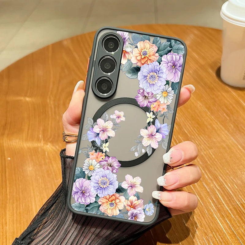 For Samsung Galaxy A57 A37 A17 A55 A54 A56 A25 S25 S26 Edge S24 S23 S22 Ultra Plus S25 FE Flower Case Magnetic For Magsafe Cover Car Mobile World