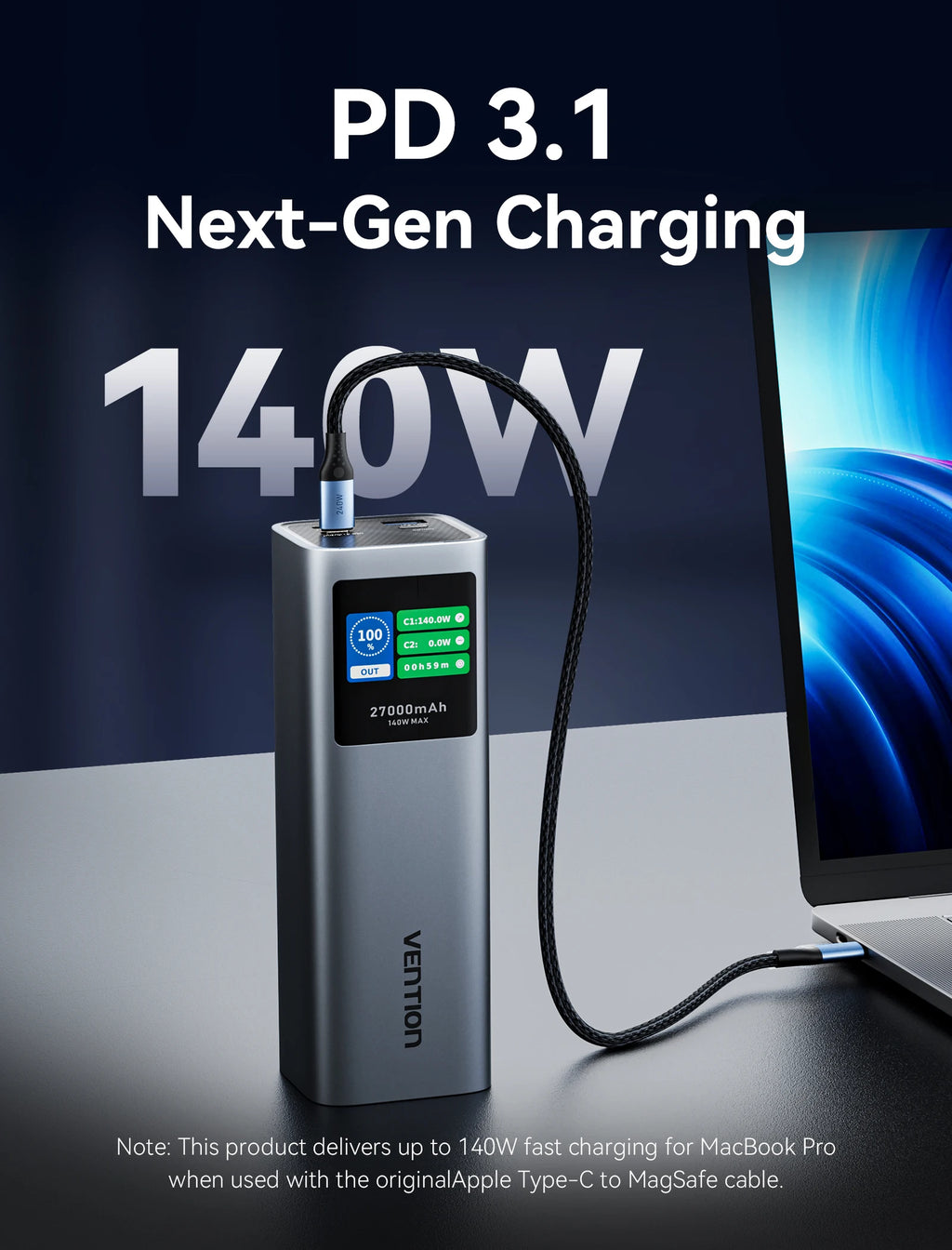 Vention 140W Power Bank 27000mAh PD3.1 Fast Charging for iPhone 17 16 Samsung S25 S24 Portable Powerbank for Laptops Macbook Pro Car Mobile World