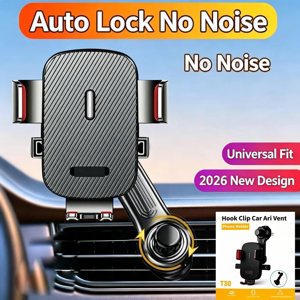 Car Phone Holder New Universal Phone Holder with Hook Clip, Automatic Locking Without Blocking Air Outlet, Car Ventilation